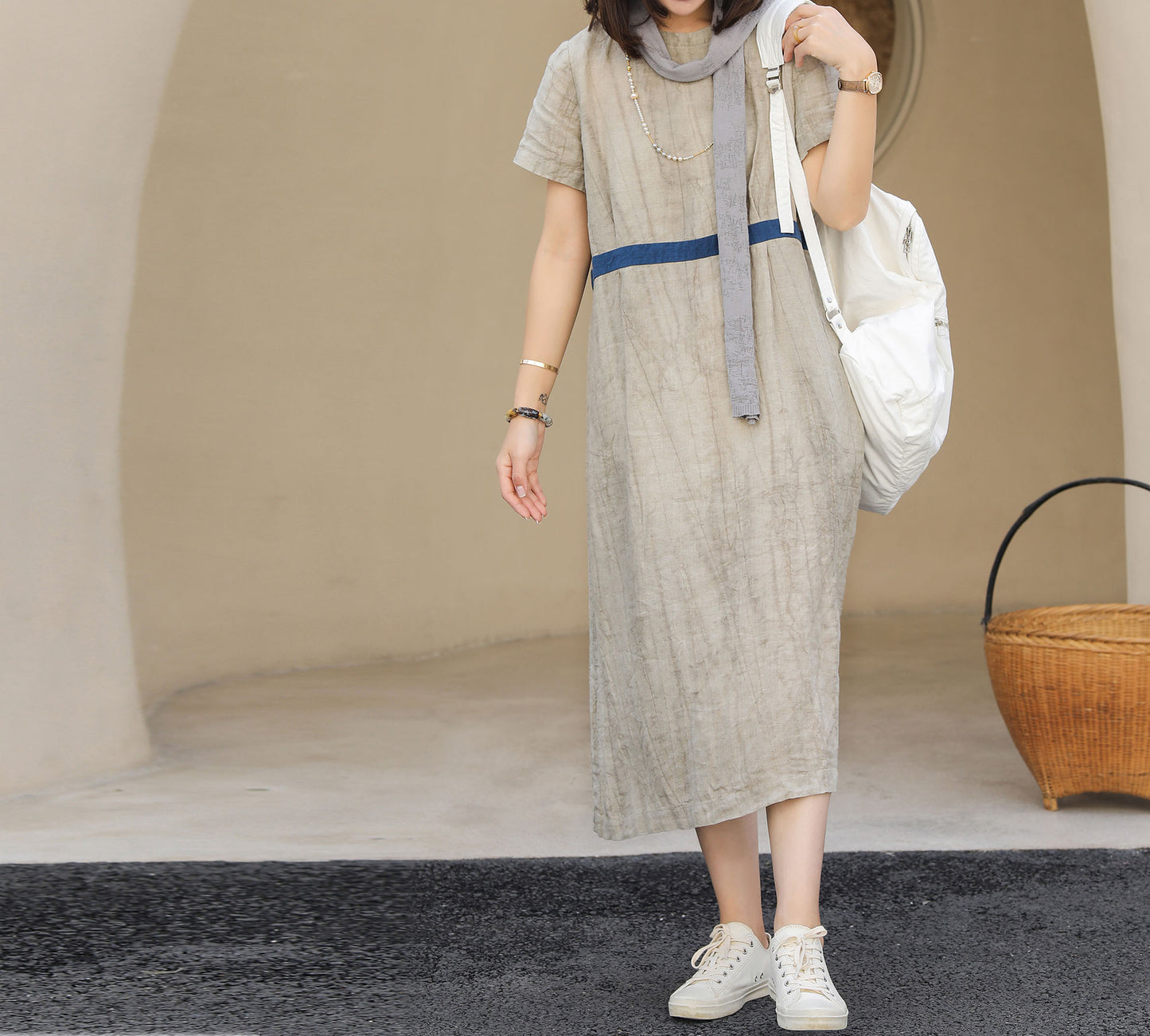 edoa Two Tone Crinkled Linen Dress