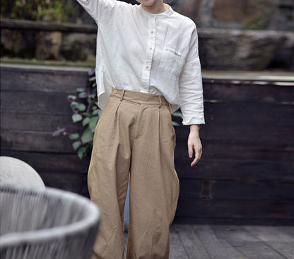 edoa Stand Collar Linen Chinese Shirt 