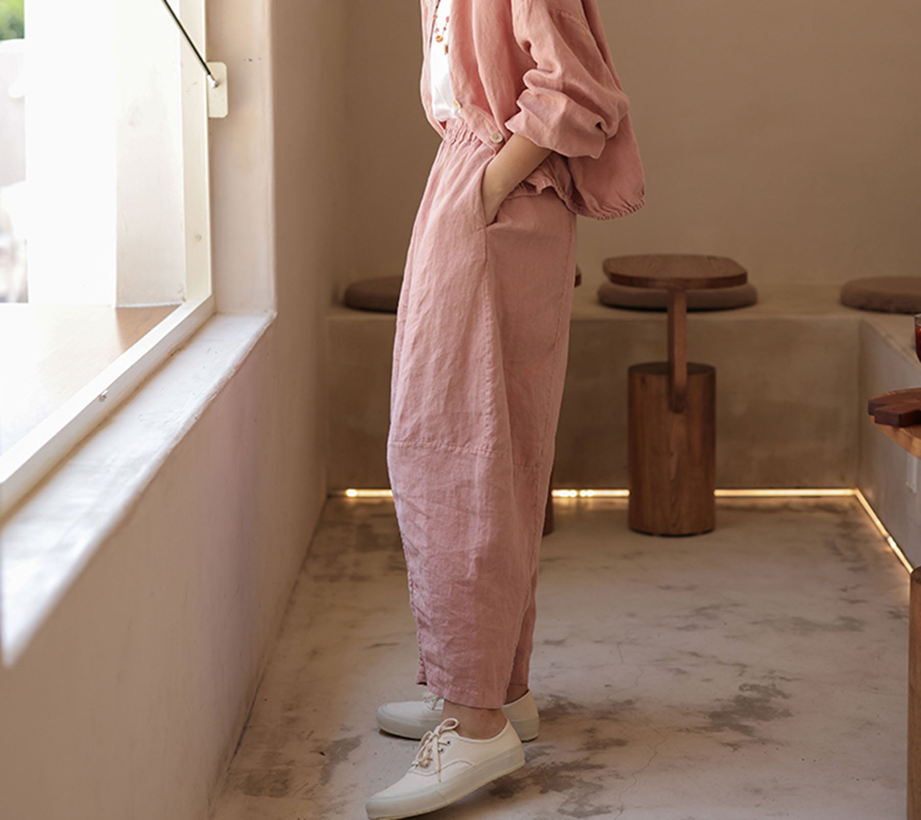 edoa Washed Linen Pink Boyfriend Pants
