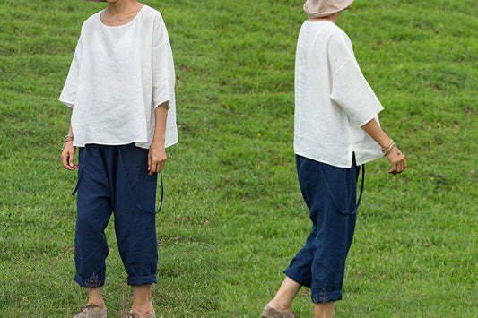 edoa Minimalist White Linen Ease Top