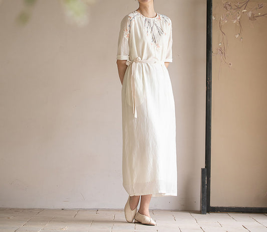 edoa Cotton Silk Blend Hand Embroidered Dress 