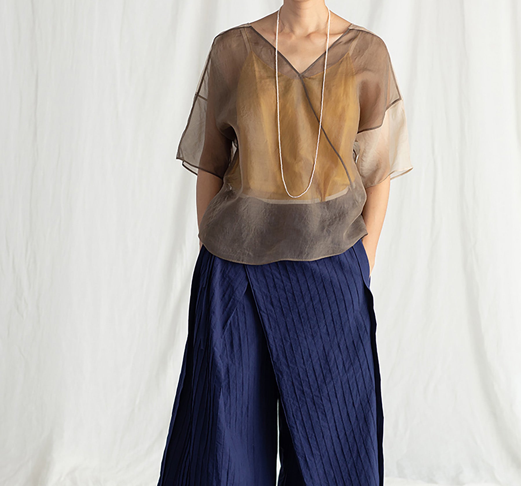 edoa Brown and Beige See-Through Silk T-Shirt 
