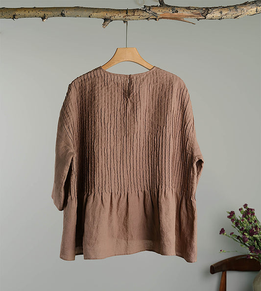 EDOA Hand Pintucked Flax Linen Blouse 