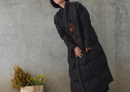 edoa Winter Loose Fitting Distressed Mud Silk Quilt Down Coat wih Hand Embroidery