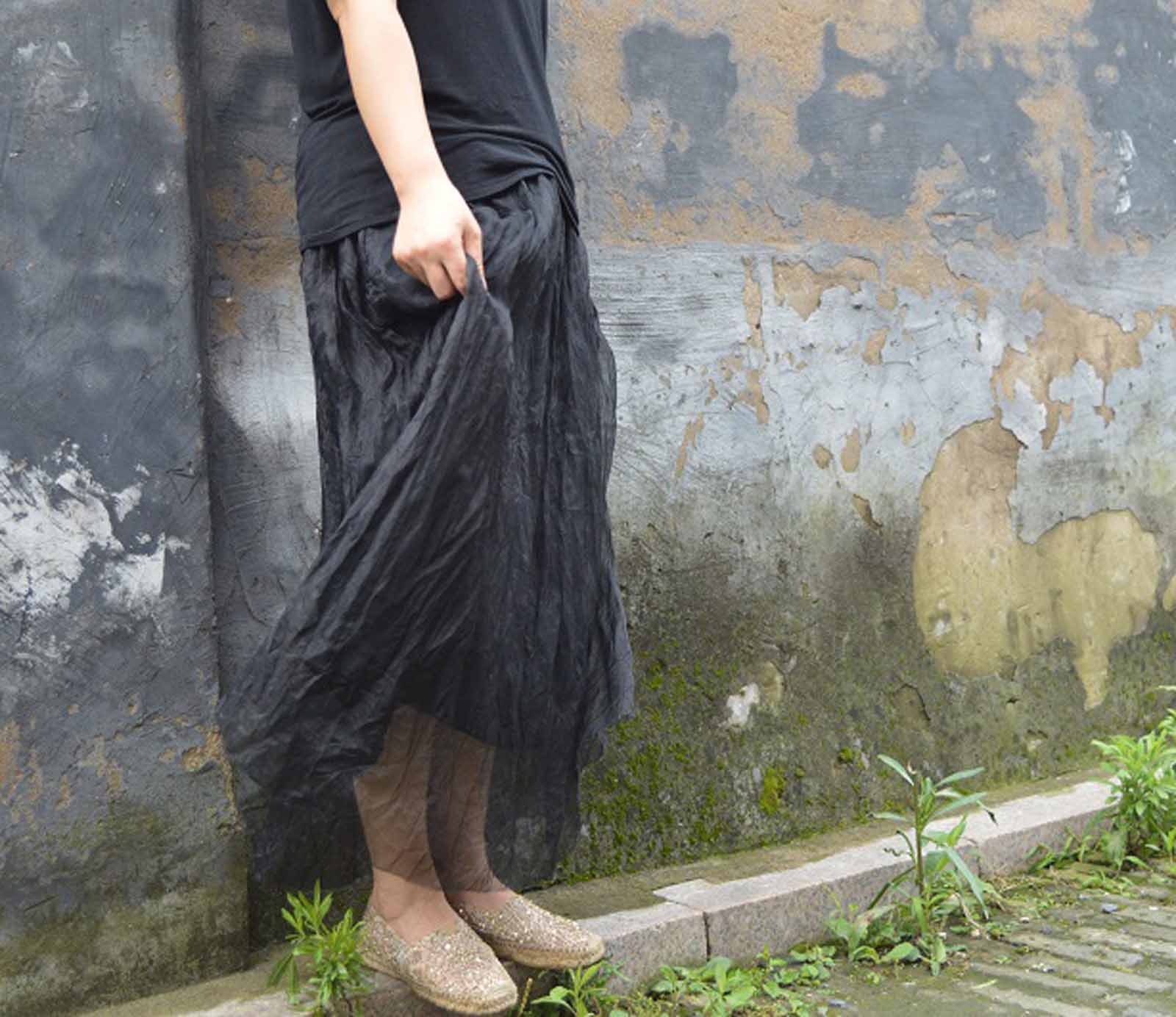 edoa Black Silk Organza Skirt 