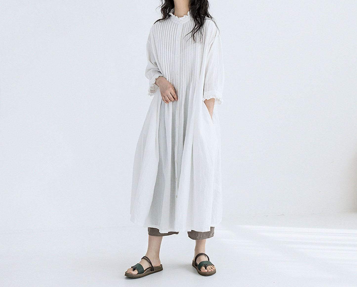 edoa High Counted Linen Pintucked Shirt Dress