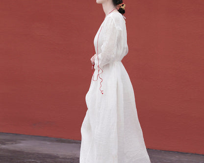 edoa White Linen Gauzy Maxi Dress with Hand Stitch Jointed Panels