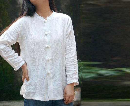 edoa Stand Collar White Wrinkled Linen Shirt 