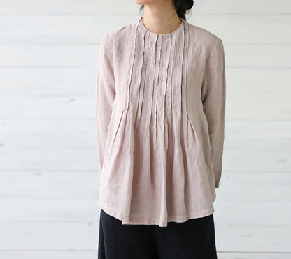 edoa Pleated Trapezed Linen Blouse with Toned Hand Embroidery