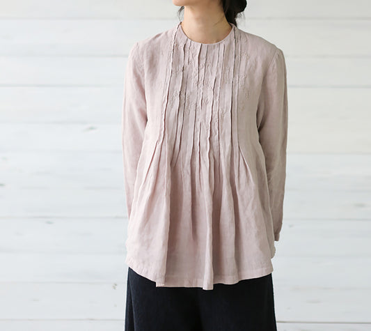 edoa Pleated Trapezed Linen Blouse with Toned Hand Embroidery
