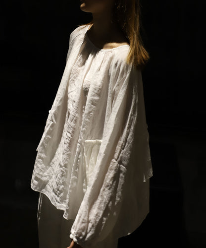 edoa White French Linen 2-way Ruffle Poem Tunic