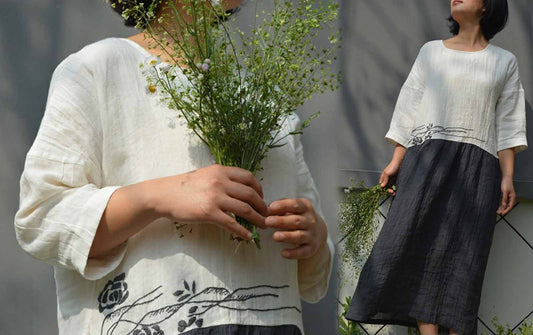 edoa Hand Embroidered Bi-color Ramie Dress