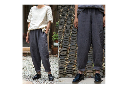 edoa Boyfriend Style French Linen Tapered Pants
