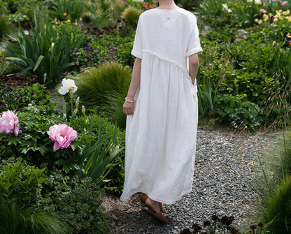 edoa High Waist Gathering Linen Maxi Dress