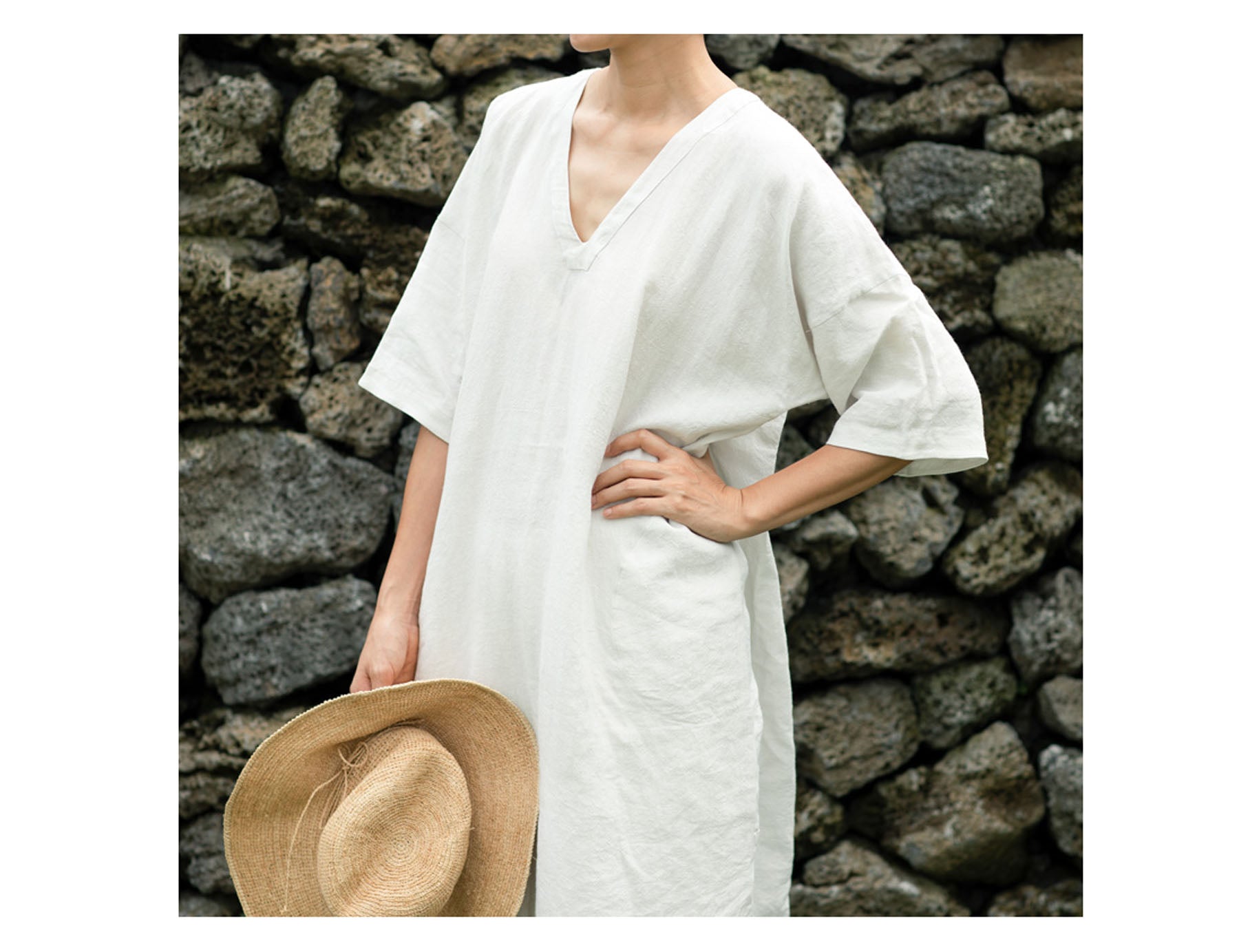 edoa Loose Fitting V-neck French Linen Dress