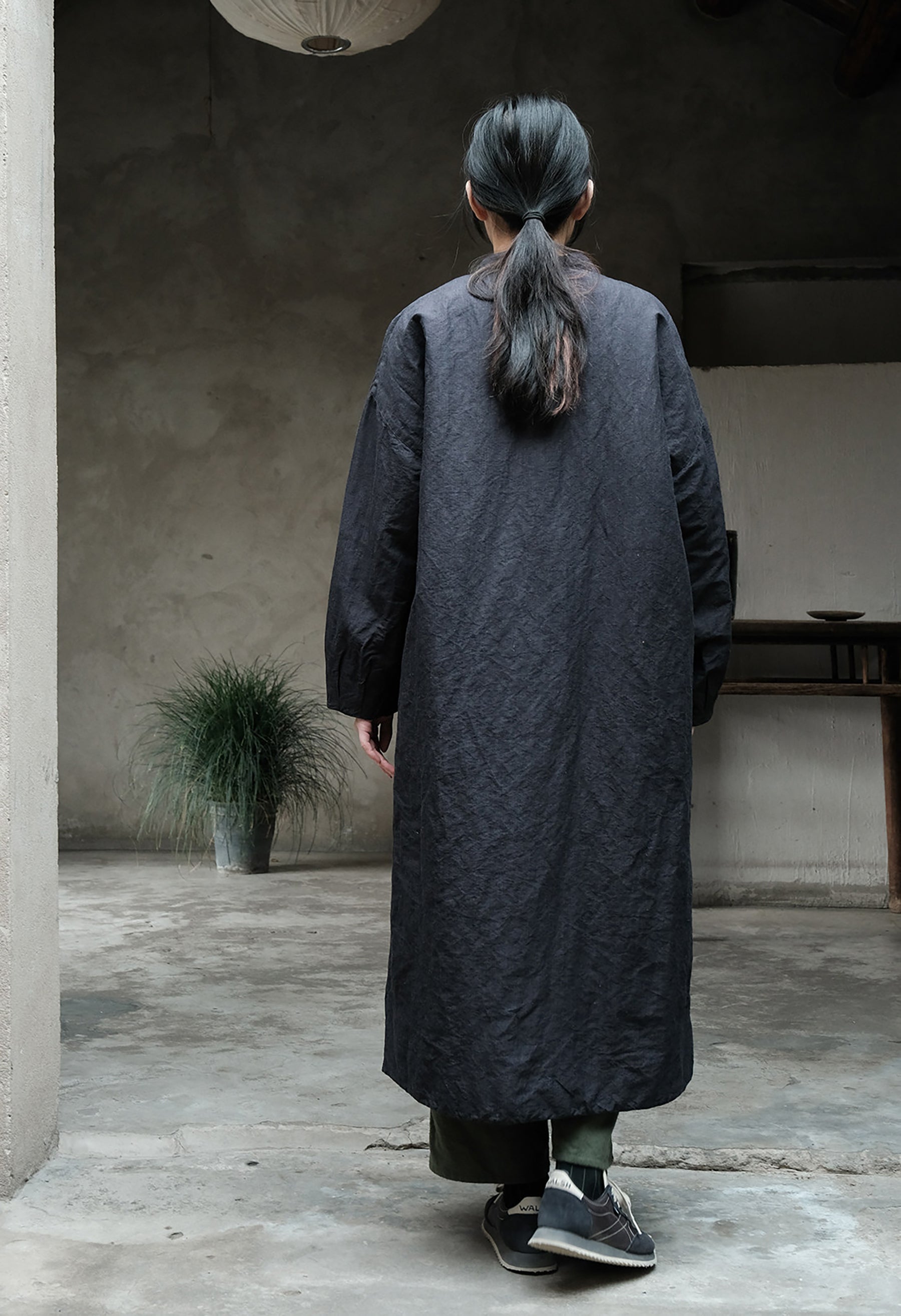 edoa Yarn-dyed Linen Cotton Blend Padded Long Coat