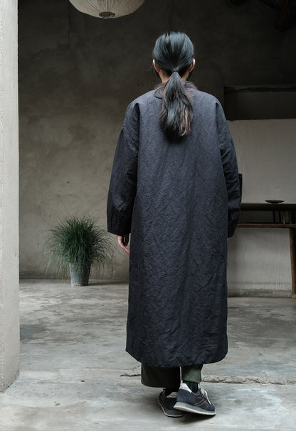 edoa Yarn-dyed Linen Cotton Blend Padded Long Coat