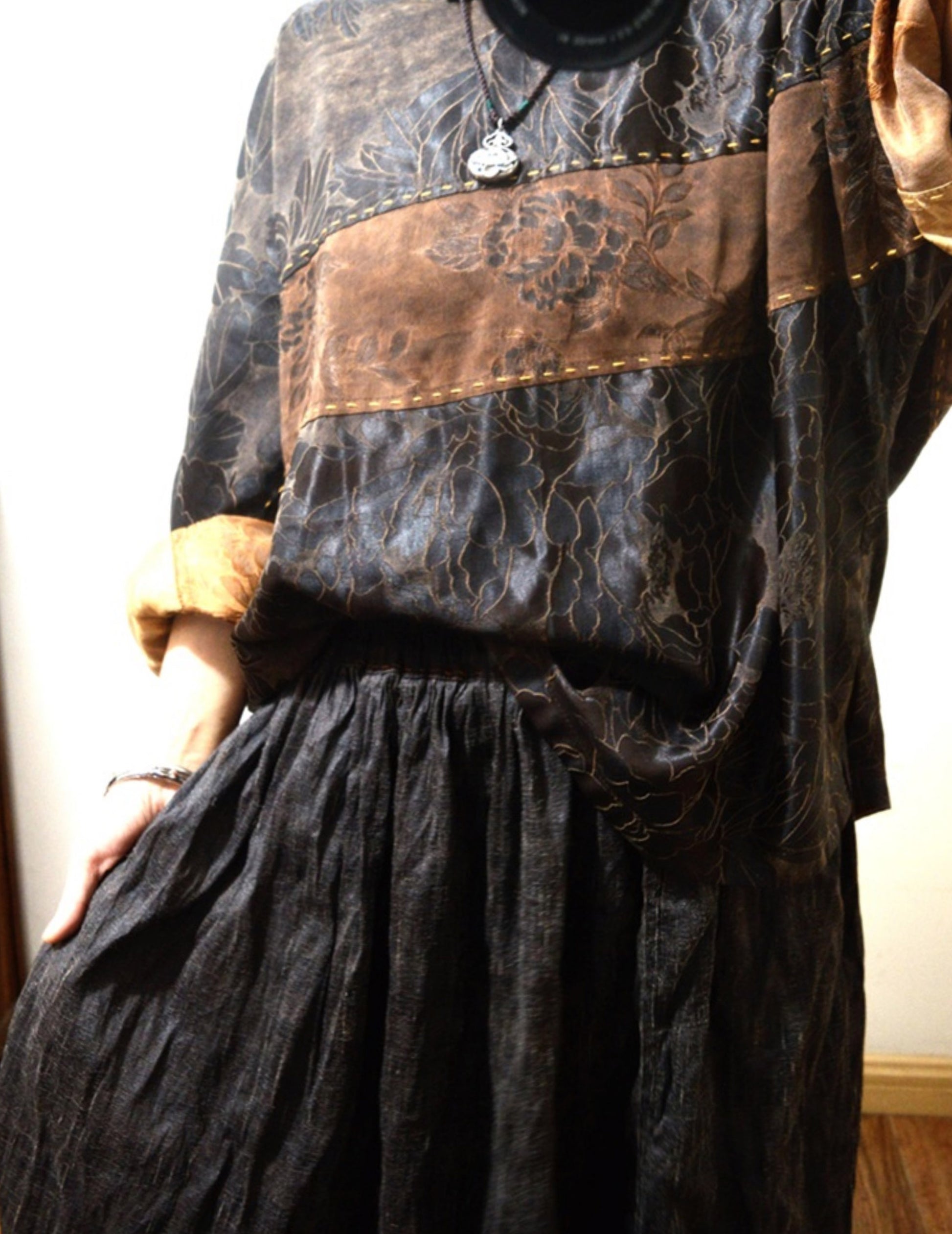 edoa Mud Silk Jacquard Patchwork Pullover