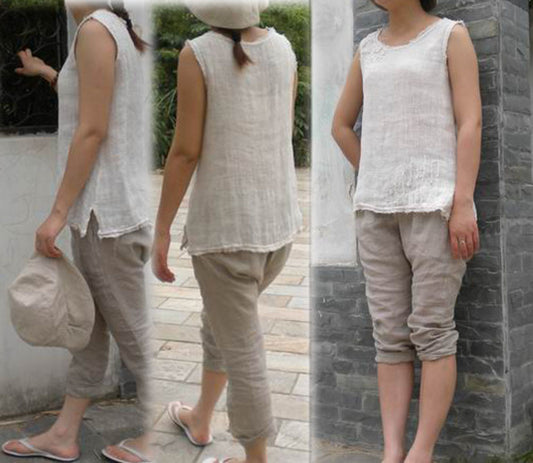 edoa Hand Embroidered Double Layer Gauzy Linen Summer Tank