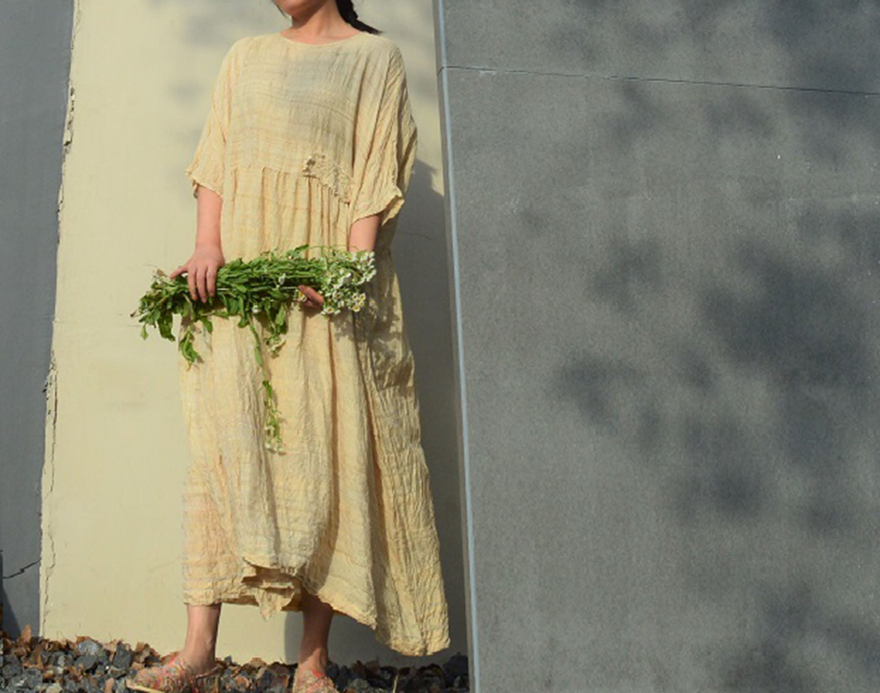 edoa Embroidered High Waist Hand-spun Tussah Silk Dress 