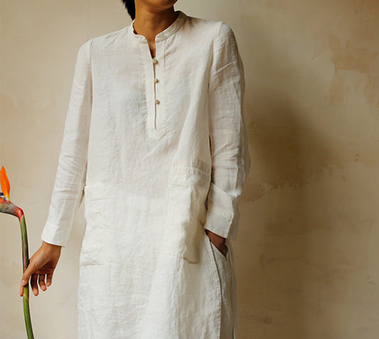edoa Washed Hemp White Summer Tunic Top 
