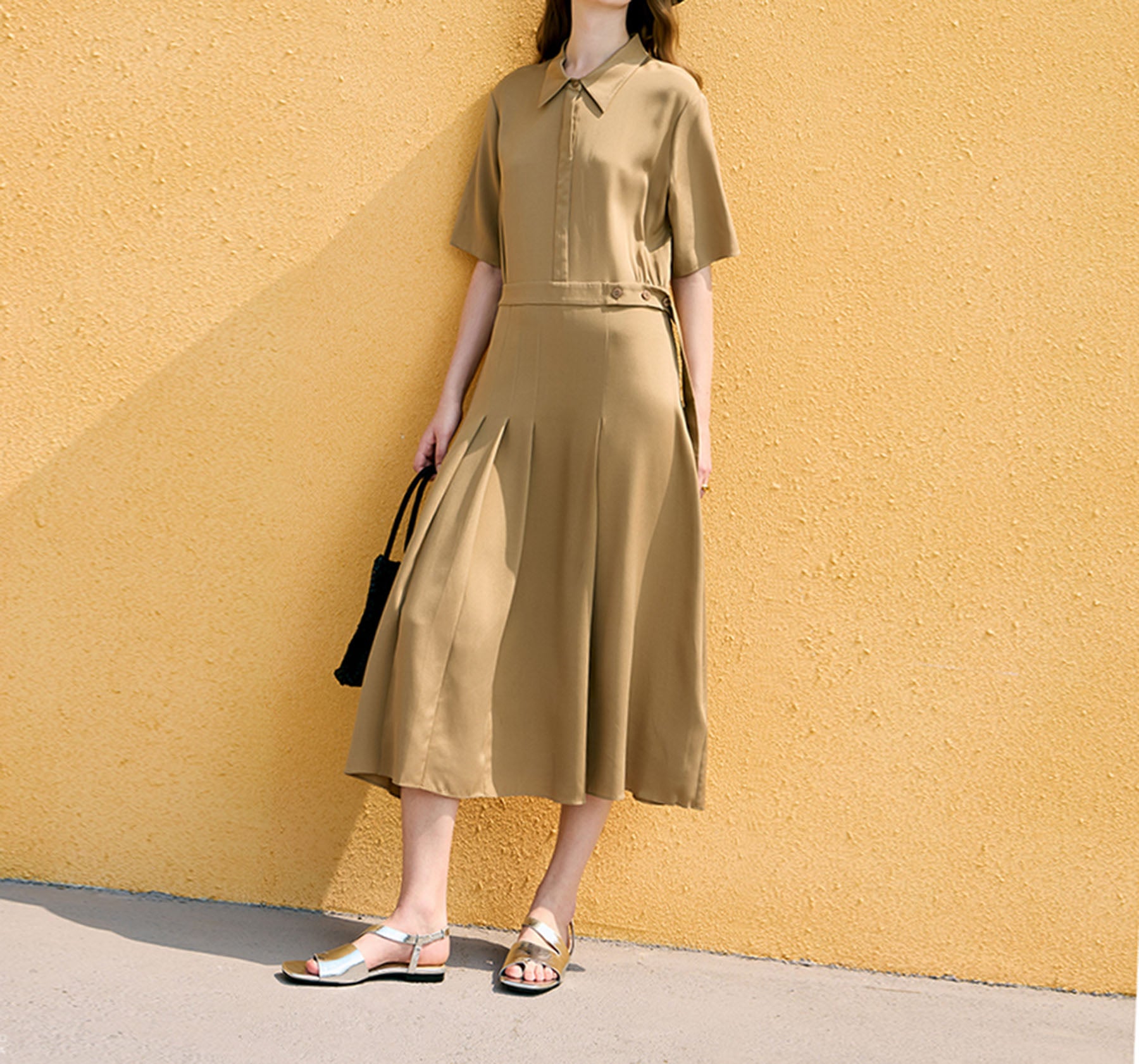 edoa Stretch Silk Crepe de Chine Pleated Dress