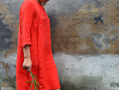 edoa red Washed Linen Modified Qipao