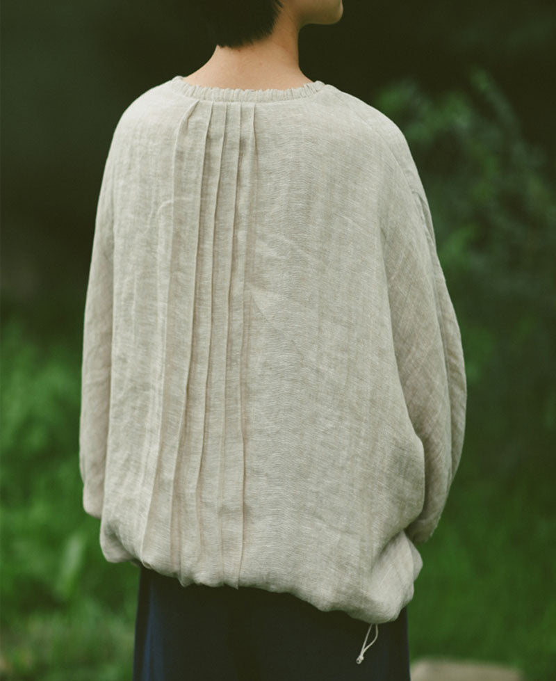 edoa Double Layer Linen Victorian Blouse with Balloon Sleeve