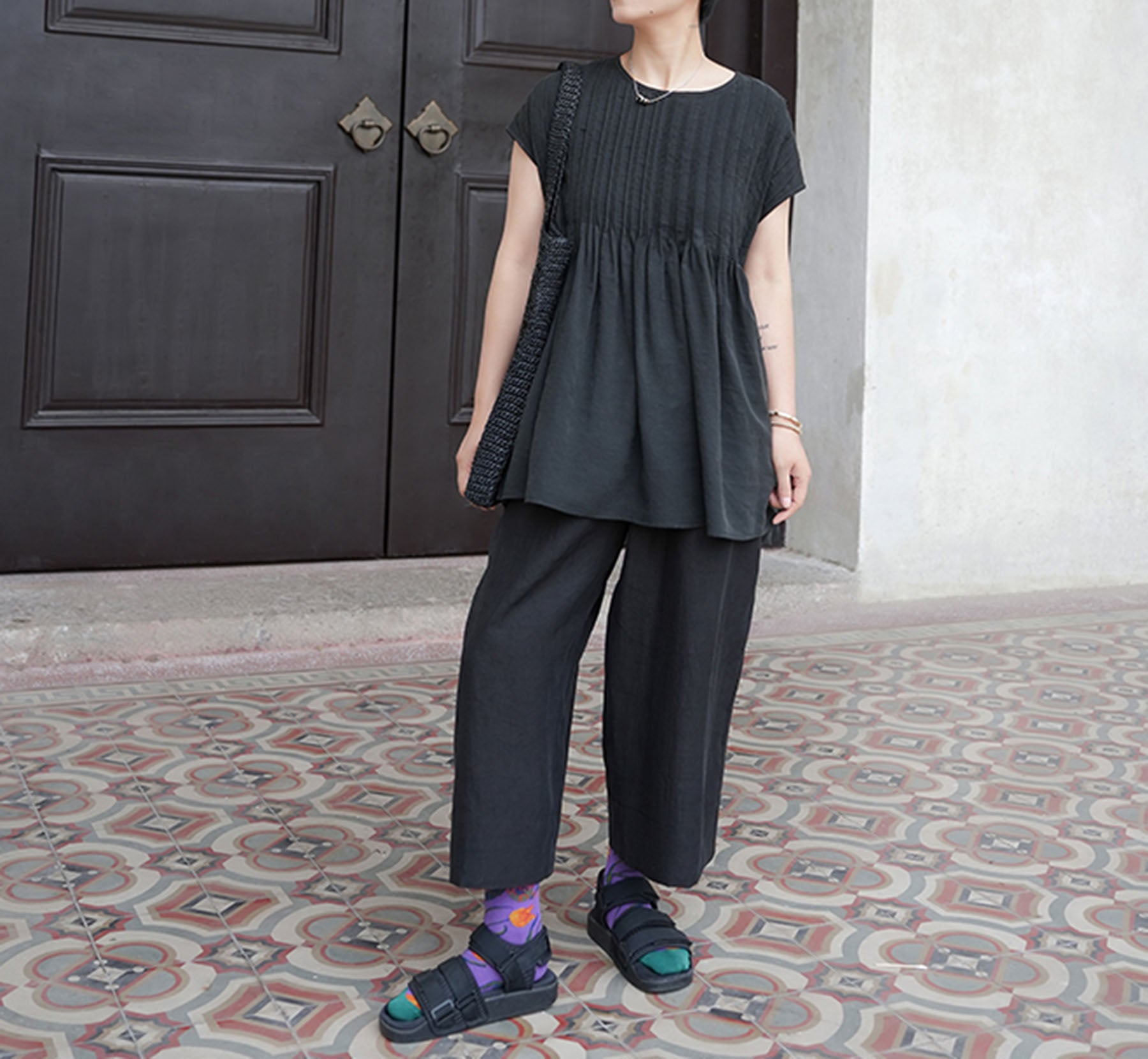 edoa Hand Pintucked Cracked Mud Silk Charmeuse Blouse