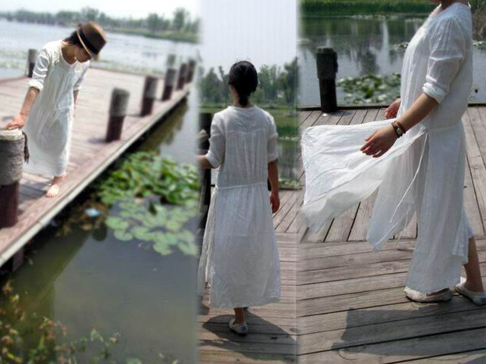 edoa Hand Embroidered Maxi Ramie Dress