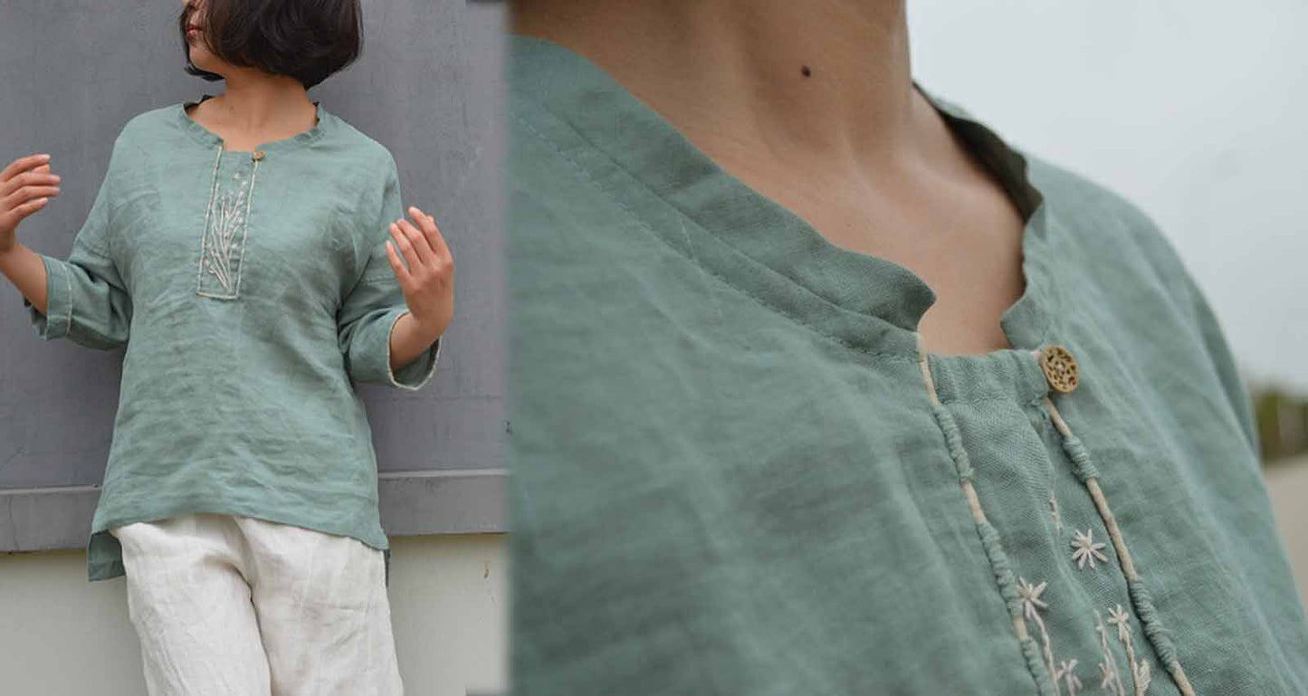 edoa Hand Embroidered Linen Top