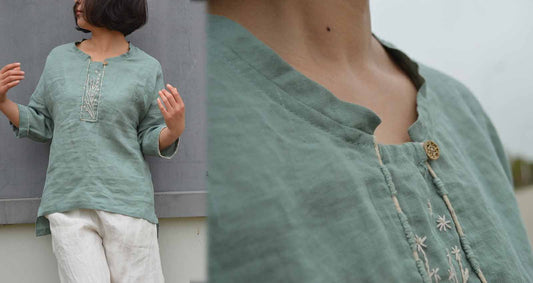 edoa Hand Embroidered Linen Top