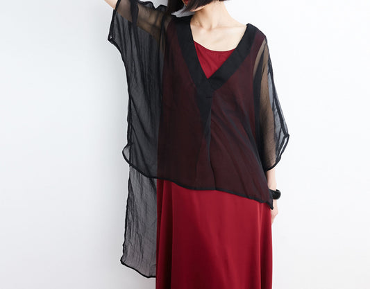 edoa Oversized Silk Chiffon V-neck Gypsy Blouse