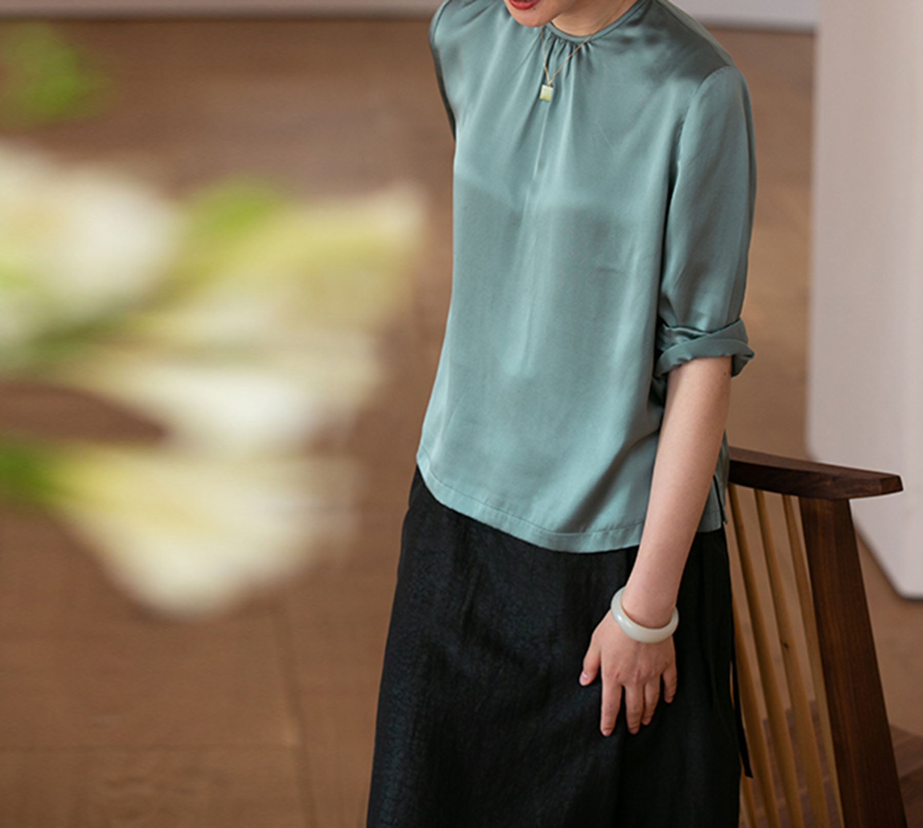 edoa Silk Satin 3/4 Sleeve Blouse