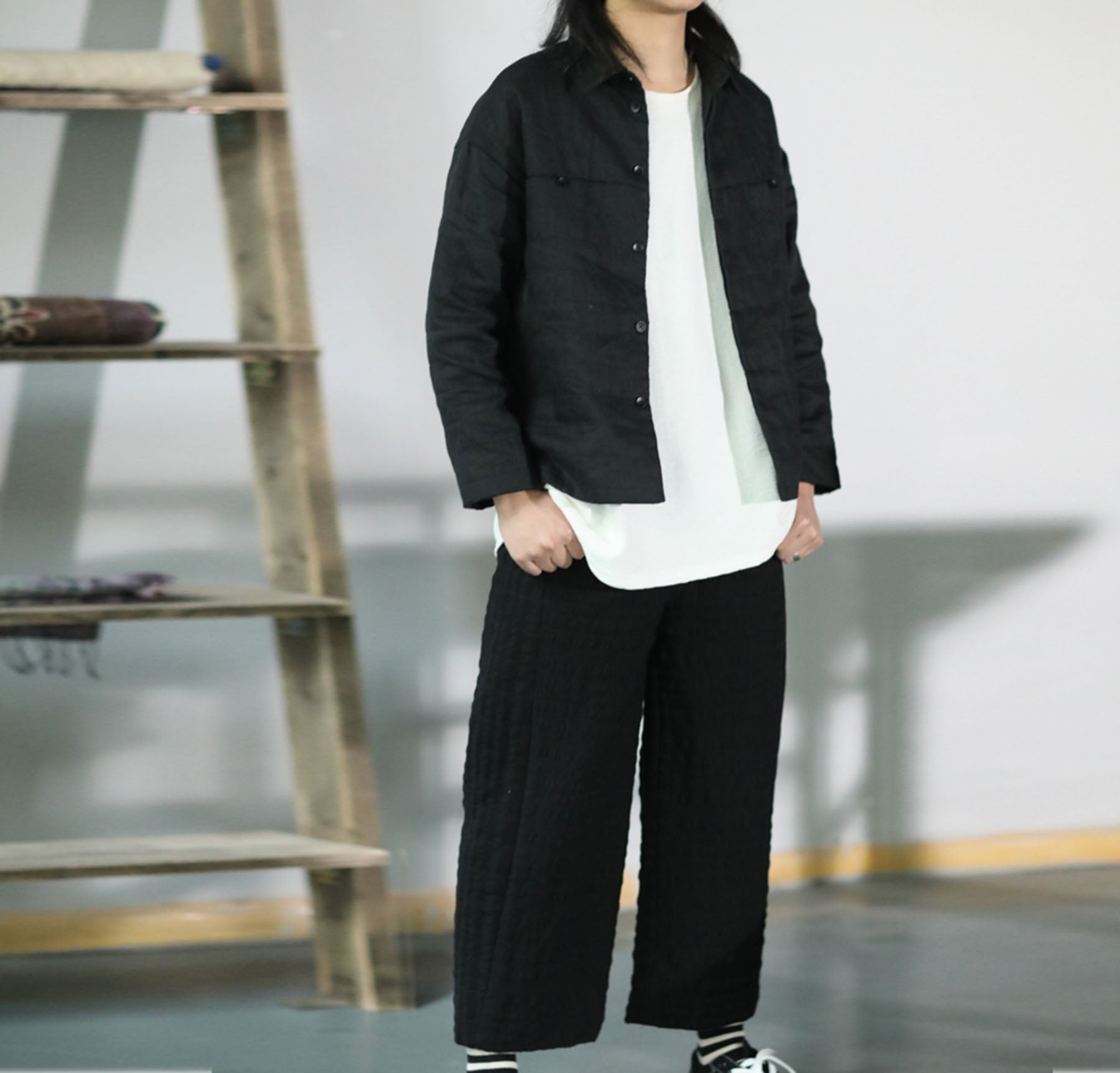 edoa Unisex Black Linen Padded Jacket 