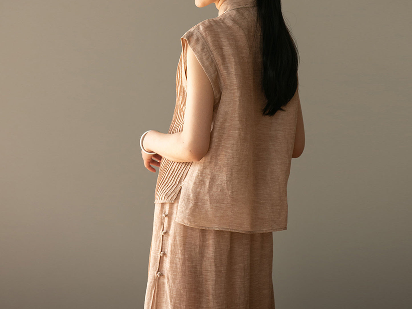 edoa Hand-pintucked Distressed Linen Rayon blend Qipao