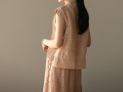 edoa Hand-pintucked Distressed Linen Rayon blend Qipao
