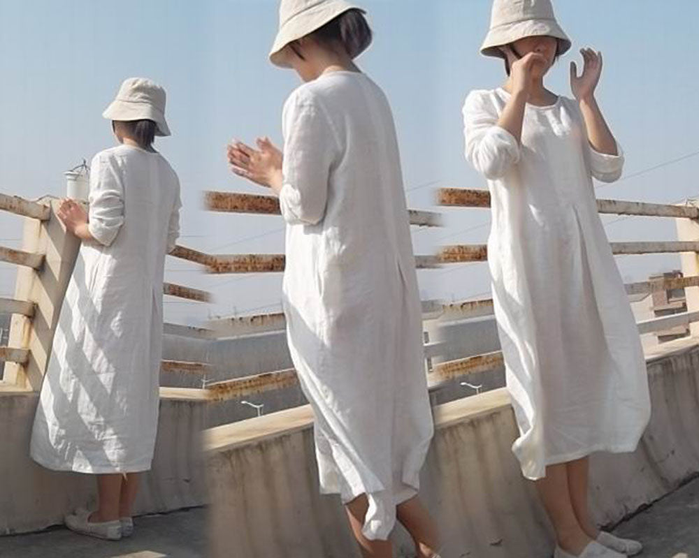 edoa Linen Pleated White Dress