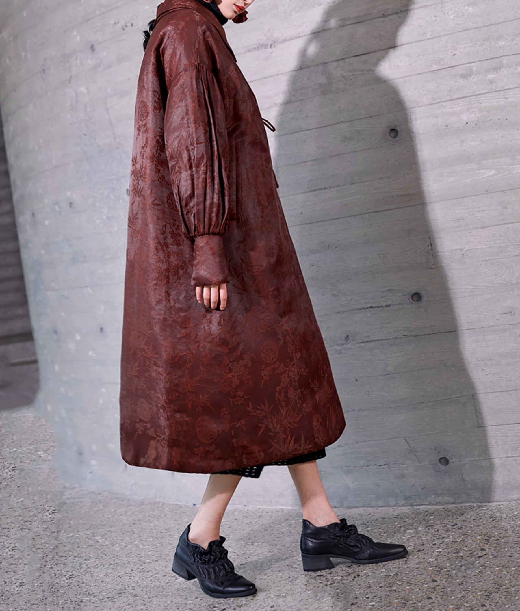 edoa Mud Silk Rayon Blend Jacquard Goose Down Long Coat 
