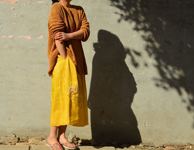 edoa Spring Silk Linen blend Midi Skirt 