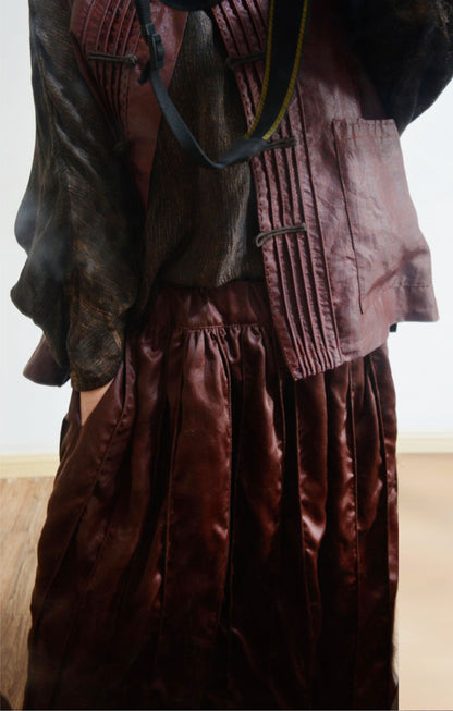 Pin Tucked Mud Silk A Line Skirt with Piping sk0059 X055