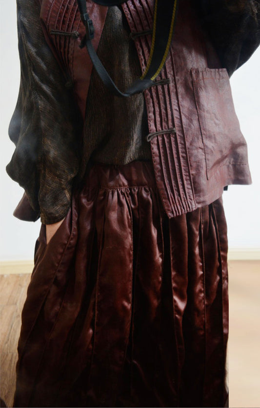 Pin Tucked Mud Silk A Line Skirt with Piping sk0059 X055