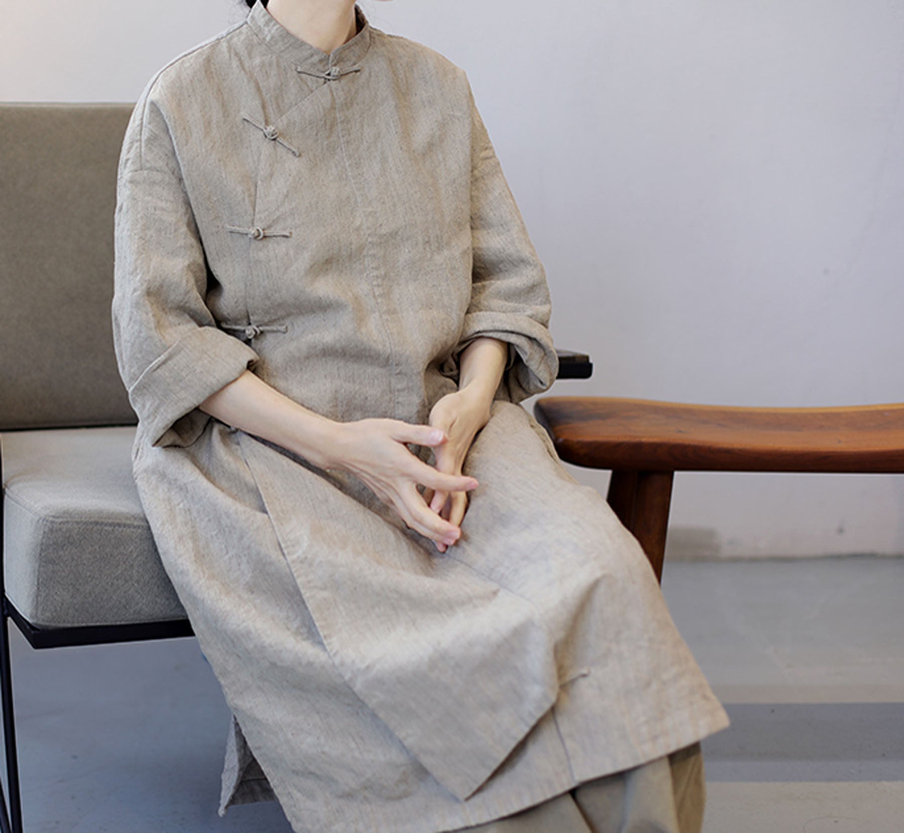 edoa Yarn Dyed French Linen Cheongsam Dress 