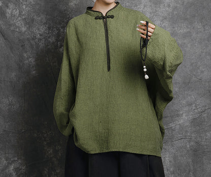 edoa Loose Yarn Dyed Linen Batwing Blouse