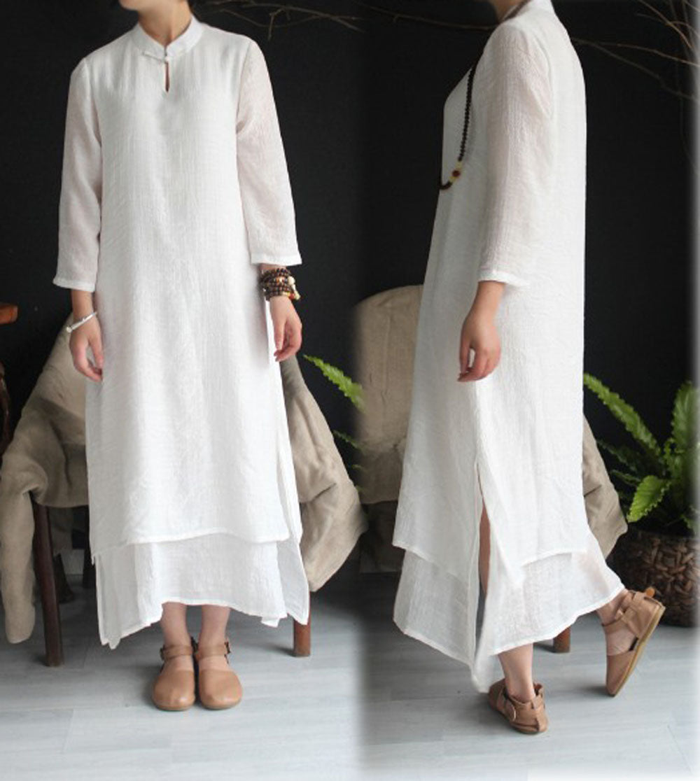edoa Silk Linen Blend Ivory Qipao Dress
