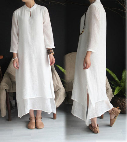 edoa Silk Linen Blend Ivory Qipao Dress