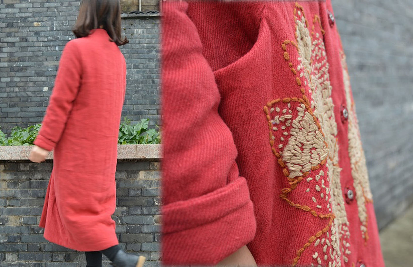 Twill Linen Padding Coat with Hand Embroidery co0209 446