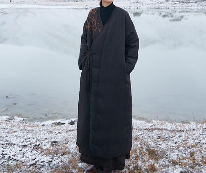 edoa Mud Silk Spun Hanfu Goose Down Coat with Hand Embroidery