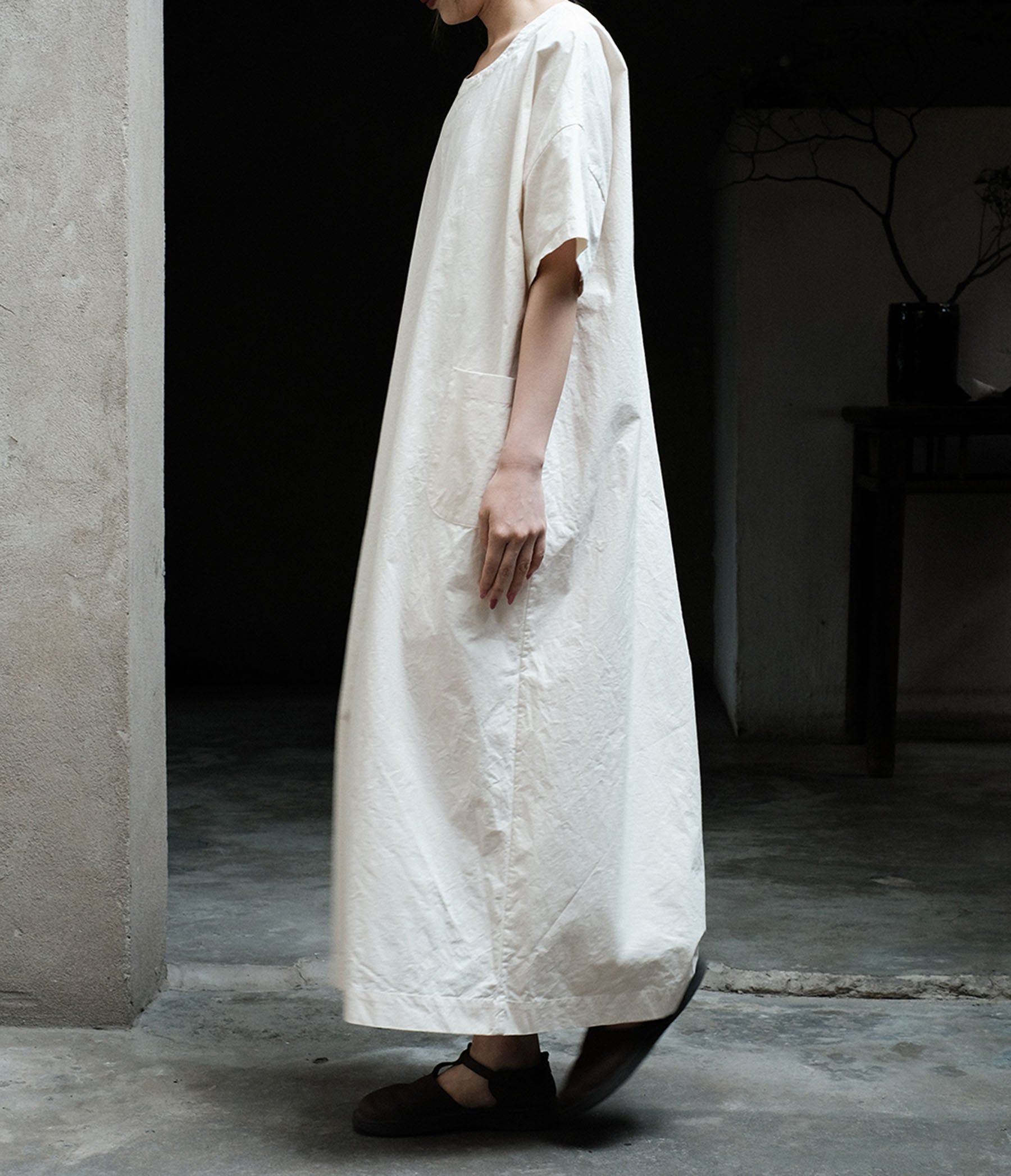 edoa Loose Paper Cotton Minimalism Short Sleeve Dress