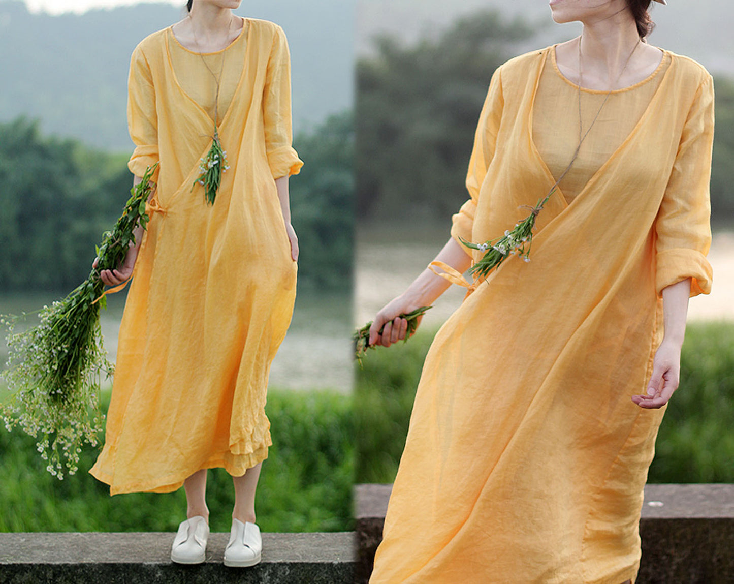 edoa Two Layer Ramie Long Spring Dress 